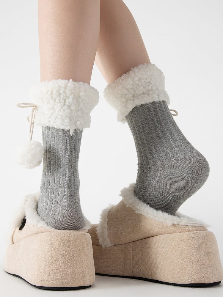 Colors Pom-Pom Decoration Fleece Socks Cotton 7 Trim with