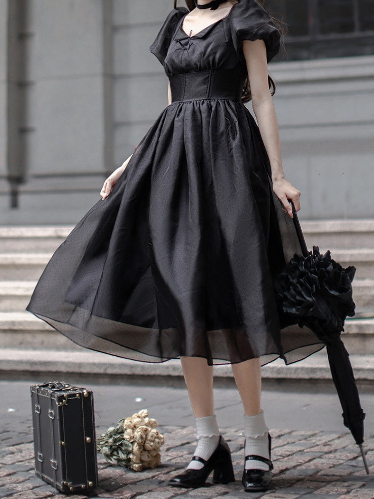 Kleid mit Stäbchen, Puffärmeln, hoher Taille, elegant, schwarze Ärmel