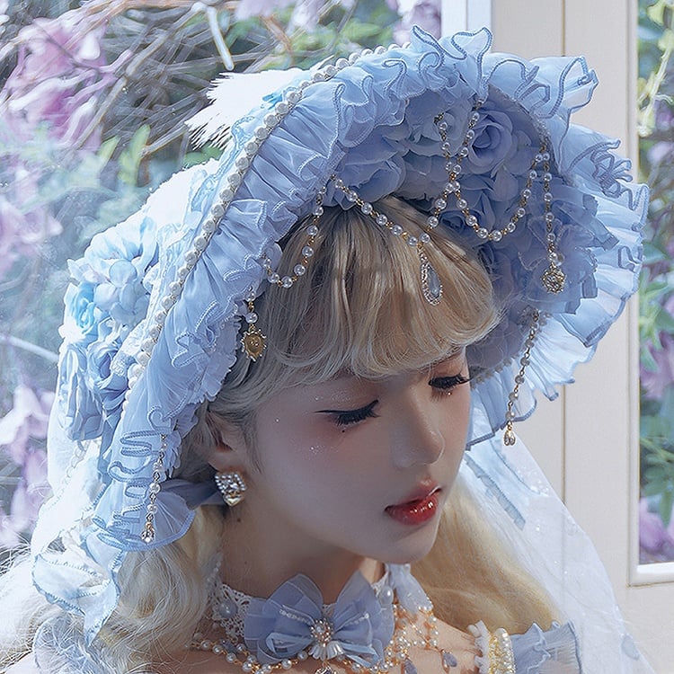 Bonnet Veil Lolita Floral Design and Sequined Blue with Details Hanayome Bead