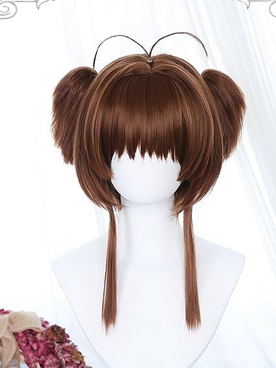 Kurze Perücke mit zwei gelben/braunen Krallenclips und Pferdeschwänzen, 40–45 cm