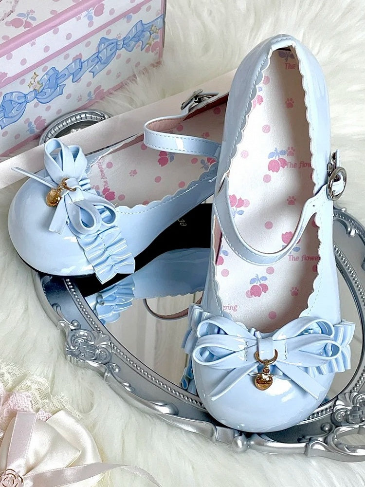 Accent Blue Bow Round Lolita Mid Toe Heels Berry Sweet PU with -