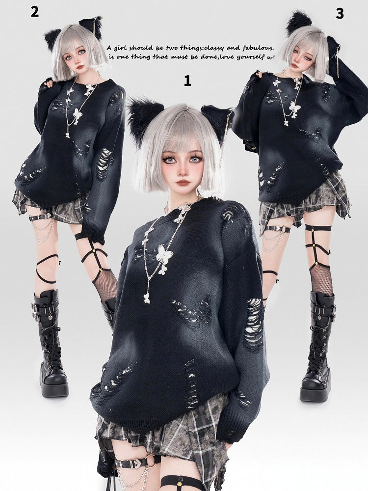 Y2K Black Butterfly Shaped Distressed Holes Round Neck Sweater
