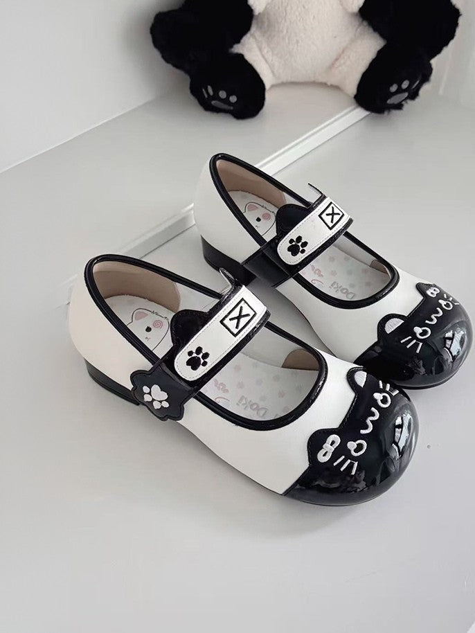Straps - Print Round Mary Low-heel Cat Paw Ear Stitching Cute Janes Kitty in Toe PU Adorable Black with