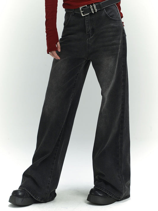 Dunkelgraue, verblasste Vintage-Jeans mit weitem Bein