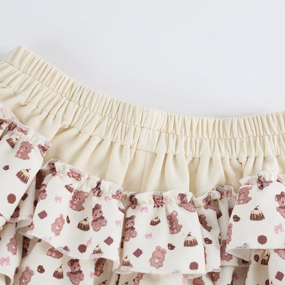 Beige Bear Print Tiered Skirt Built-In Shorts - serendipity