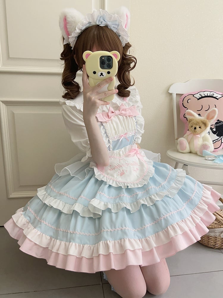 Blue JSK Sweet Bow / Apron Lolita Full Maid Ruffle Set Dress + Heart