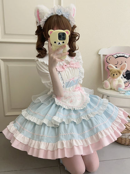 Blue JSK Sweet Bow / Apron Lolita Full Maid Ruffle Set Dress + Heart