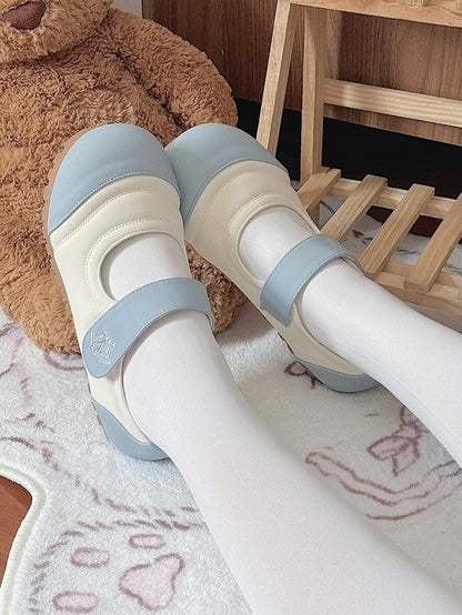 Sky Blue Sweet Lolita Shoes with Round Toe and Bell Print Hook and Loop Closure