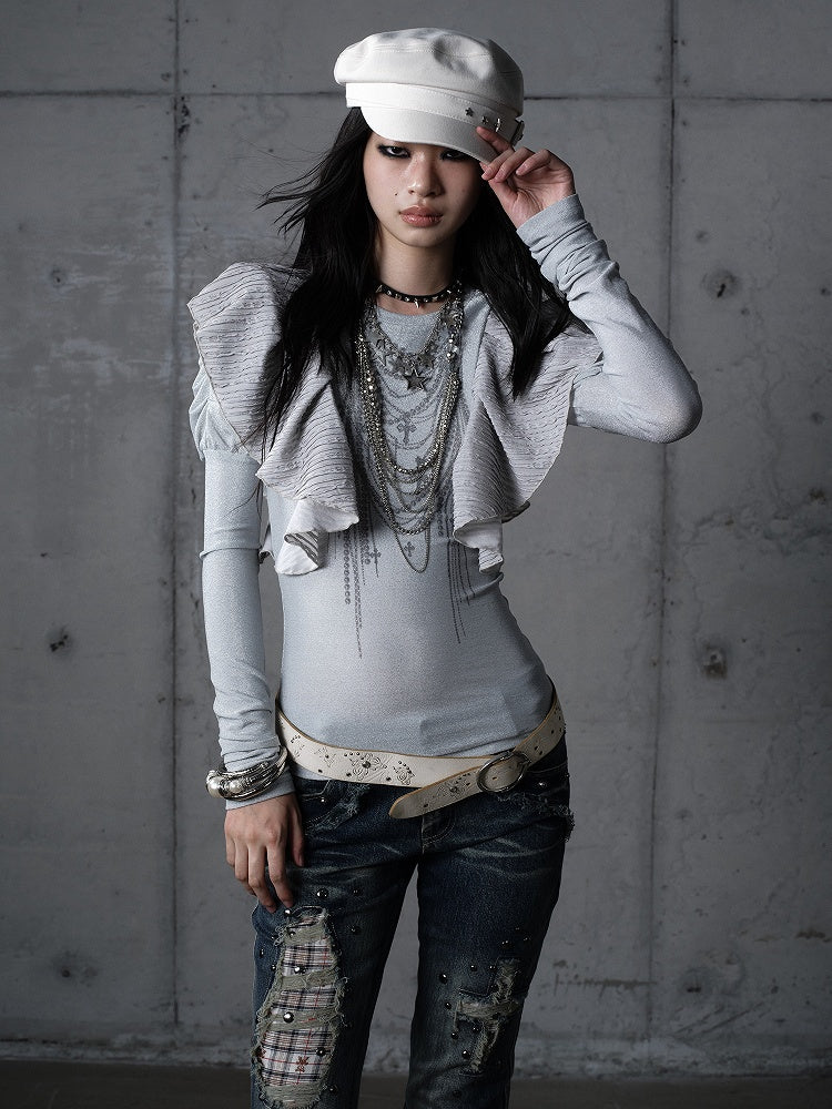 Chain Juliette Sleeves Flutter Blue Overlays Print Dusty with Top