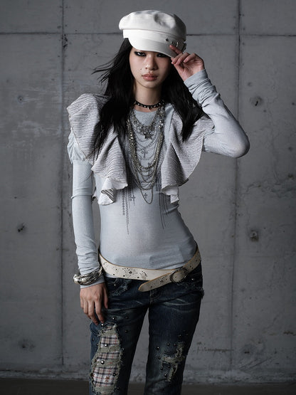 Chain Juliette Sleeves Flutter Blue Overlays Print Dusty with Top