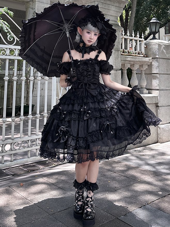 Alle Details mit Schleife Lolita Rückenkleid Perlen groß und Akzente Prinzessin Schwarz