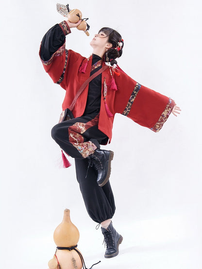 Chinese Style Black Red Chinoiserie Shirt Pants Outerwear Set - Zao Jing Ji