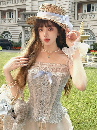 Rüschenärmel Blau Korsett Saum Peplum Puff Top Faux Zweiteiler Mit