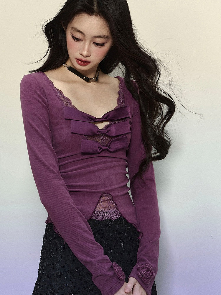 Purple Bow Accents Lace Trim V-neck Long-Sleeve Top