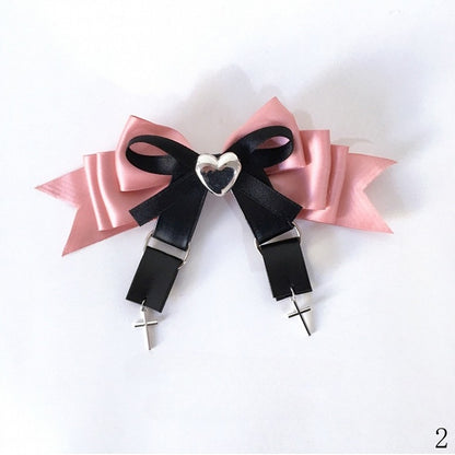 Rhinestone Pink Kei Cross Heart-Shaped and Charms Bow Hairclips Black/Black Jirai with