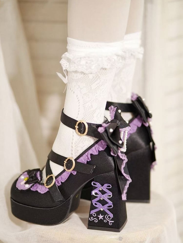 Black & Purple Lolita Shoes, 11.5CM High Block Heel, Shell & Bowknot Detail - Bad Bear