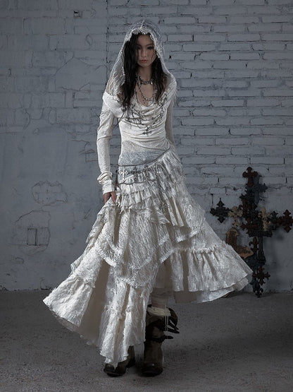 Print Hood Lace Cross Hem Tiered Punk with Asymmetric Apricot Dress