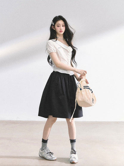 Floral White Trim Asymmetrical Foldover Collar Lace Short Sleeves Shirt Decoration