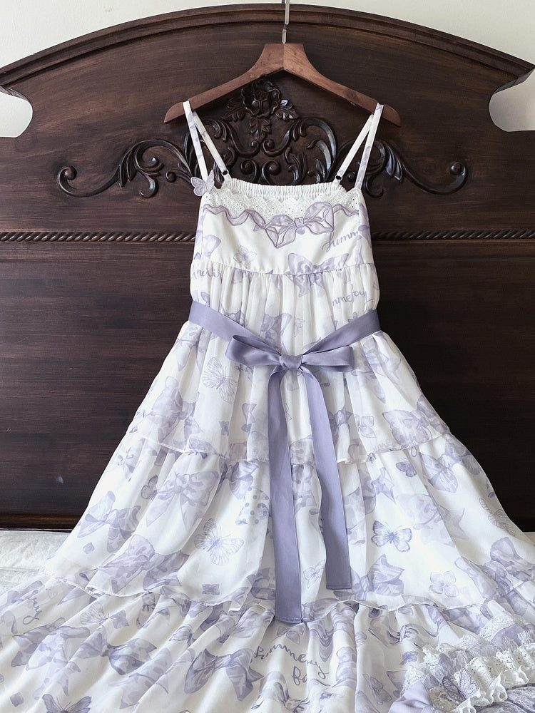 パープルのハイウエストリボンティアードスカートのサマーロリータドレス