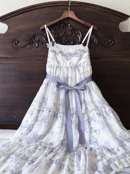 パープルのハイウエストリボンティアードスカートのサマーロリータドレス