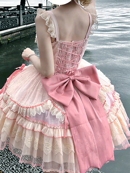 Süßes Lolita-Kleid mit Schleife, flatterndes rosa Mieder mit Schnürung, hoch taillierte Ärmel mit großem, abnehmbarem Pulloverrock