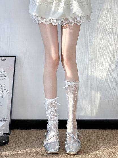Sheer Lace Trim Calf Socks with Floral Pattern - Milk flavored Lolita