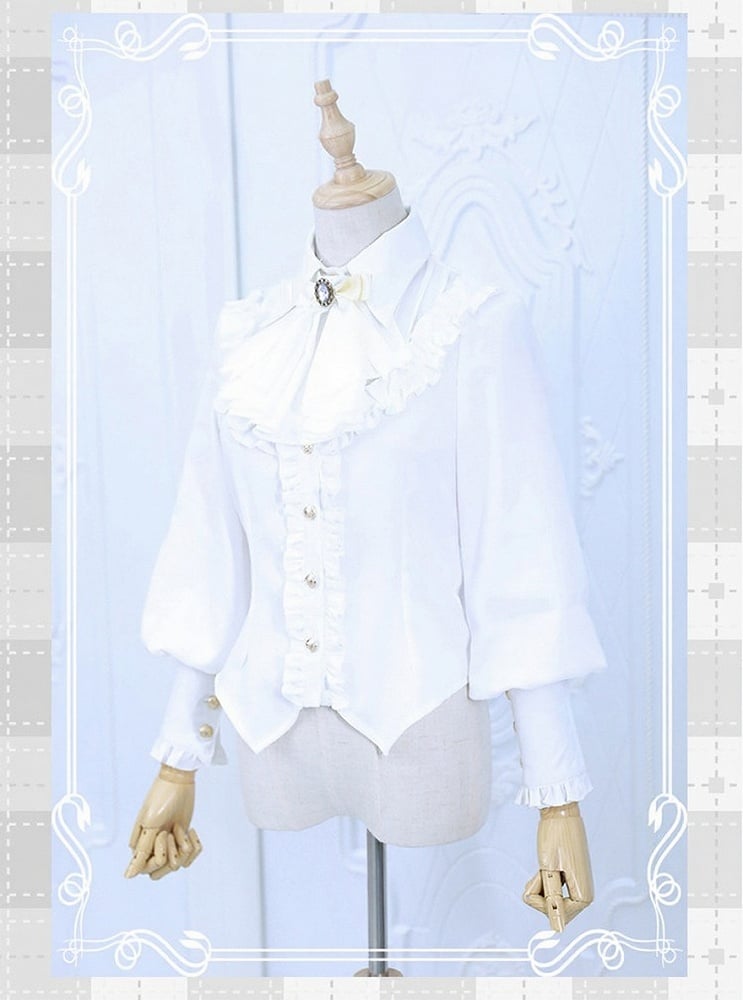 White Long Sleeve Flounce Hem Elegant Lolita Blouse with Puff Sleeves