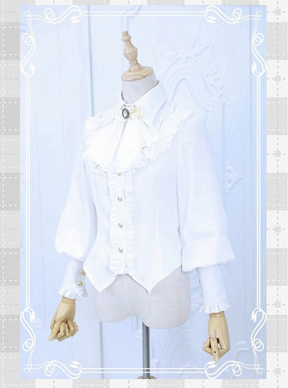 White Long Sleeve Flounce Hem Elegant Lolita Blouse with Puff Sleeves