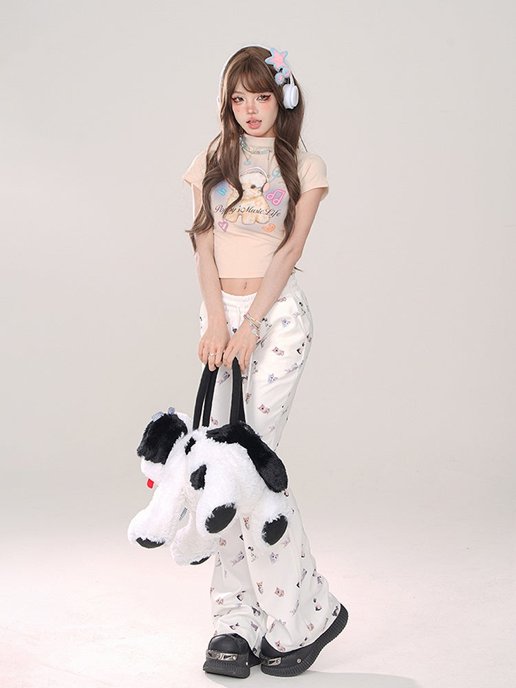 Elastic Comfortable Pattern Cat Flared White Pants: with Leg Kawaii Waist Thicken/Regular