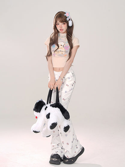 Elastic Comfortable Pattern Cat Flared White Pants: with Leg Kawaii Waist Thicken/Regular