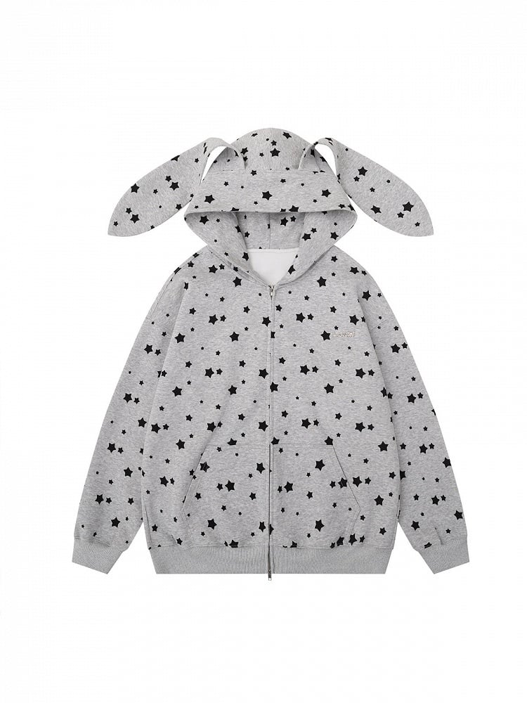 Cute White/Gray Rabbit Ear Zip-Up Hoodie with Star Print Pattern - Solkatt