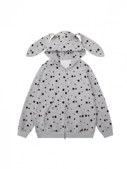 Cute White/Gray Rabbit Ear Zip-Up Hoodie with Star Print Pattern - Solkatt