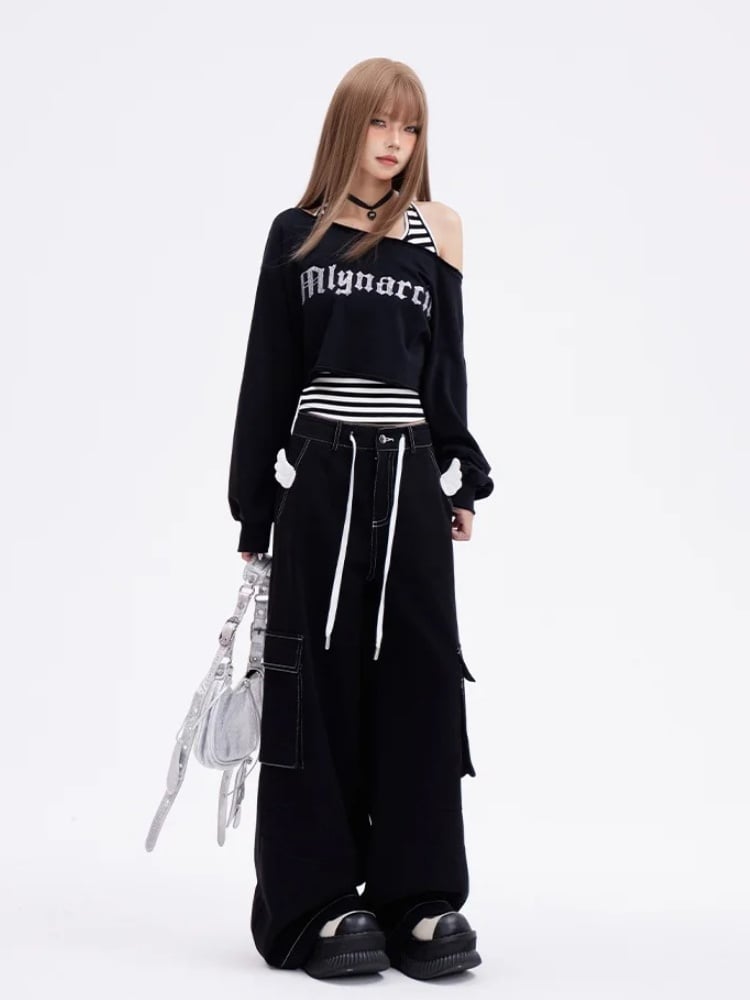 Weite Cargo-Jeans mit Flügeln und Riemendesign zum Selbstbinden und schwarzem Engel