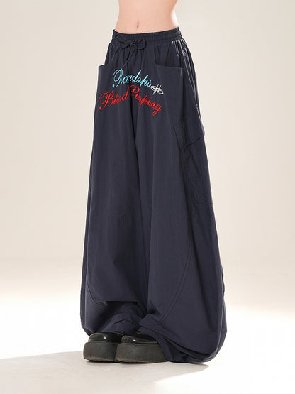 Navy Blue Drawstring Waist Letter Embroidery Wide-leg Casual Pants