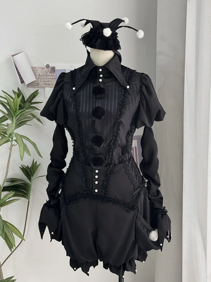 Kragen Ouji Clown Spitz Outfit Lolita Zirkus Shorts Bloomer Strumpfbänder + Shirt - Vibes Schwarz