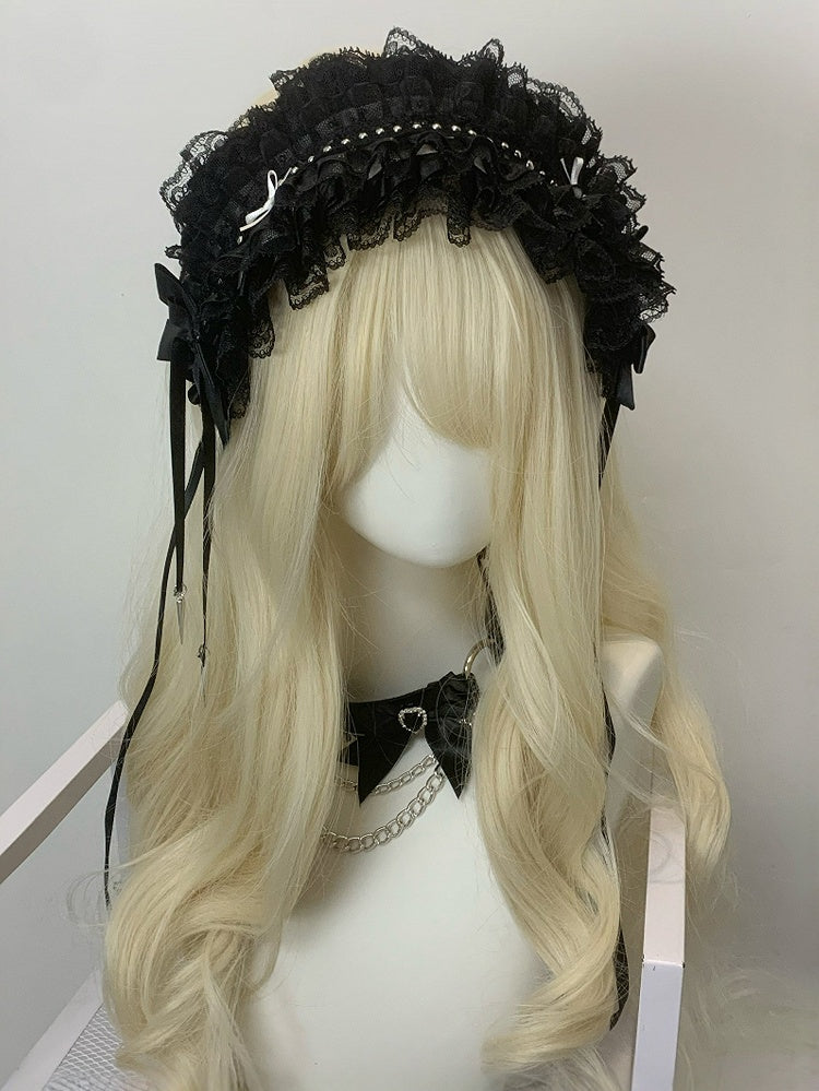 Details Decorated Hairband Ruffled Black/White Bowknot Studs