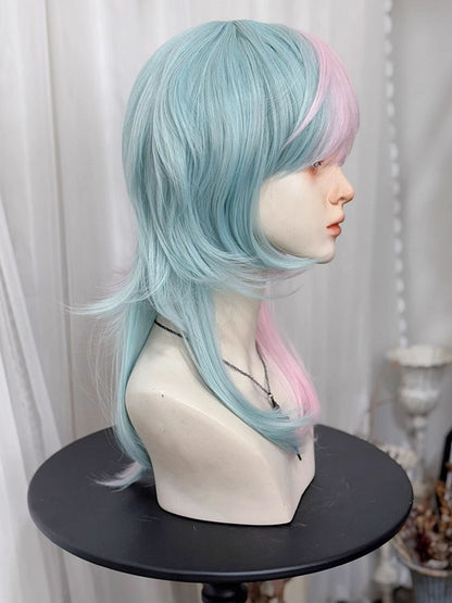 45cmストレートカラースタイル、グリーンピンクの王子ウィッグ、前髪スプリット