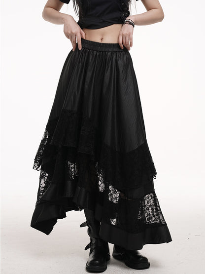 Hem Lace Patches Skirt Black Elastic Waist Asymmetrical