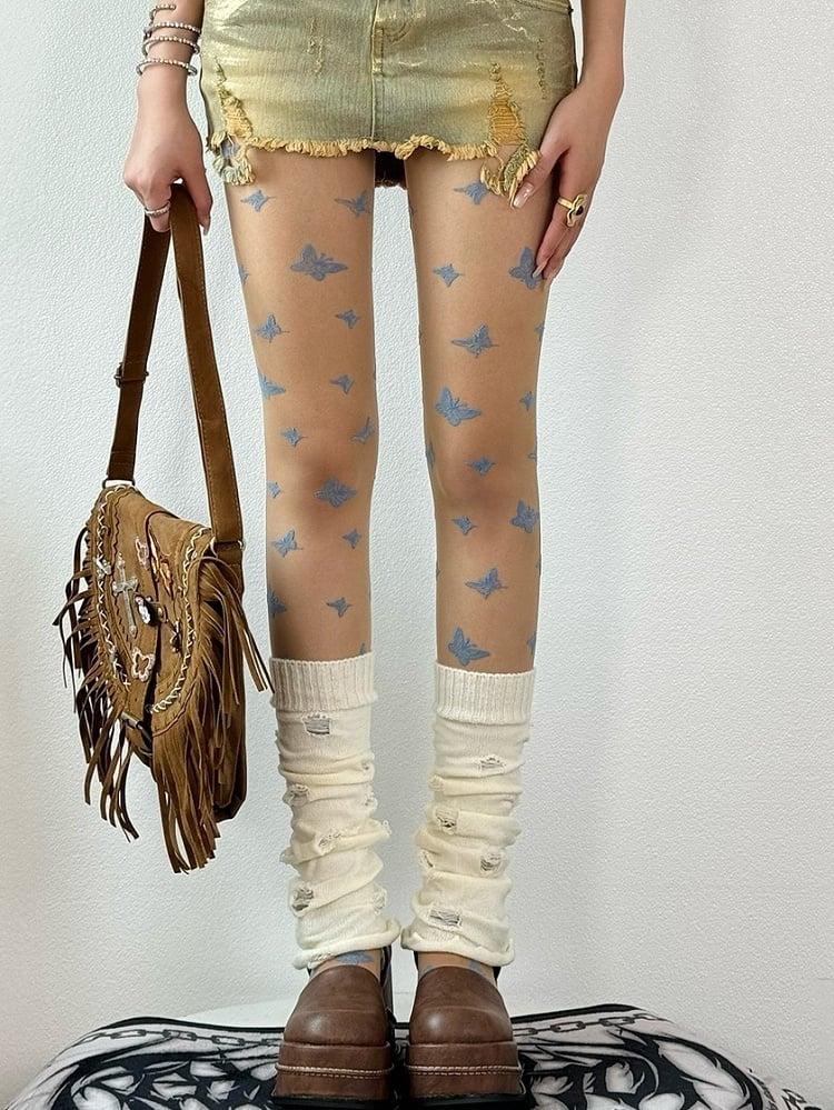Nude Fashion Tights Embroidered Butterfly Gyaru