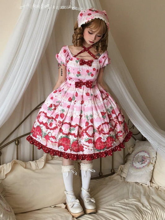 Pink Strawberry High Waist Sweet Lolita Dress