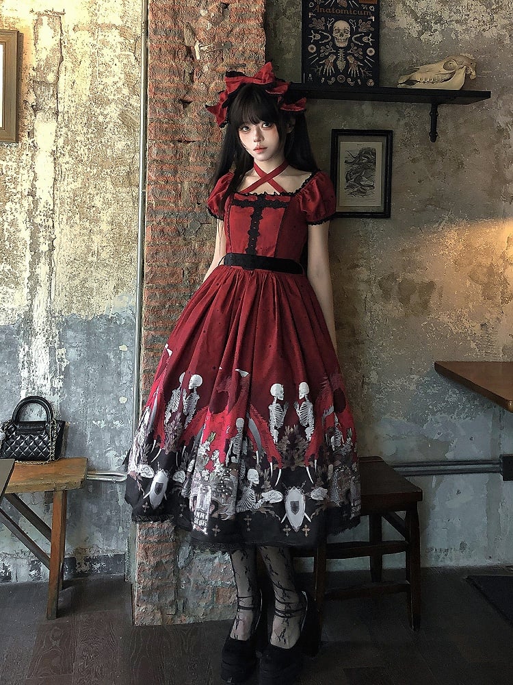 Lace Trim Black Dress Red Lolita and with Cross Print Skeleton Gothic