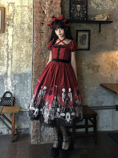 Lace Trim Black Dress Red Lolita and with Cross Print Skeleton Gothic