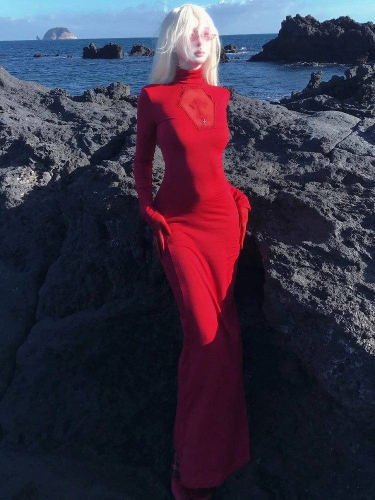 ゴシックレッドコフィンカットアウトクロスディテールハイネックマーメイドスカートマキシドレス