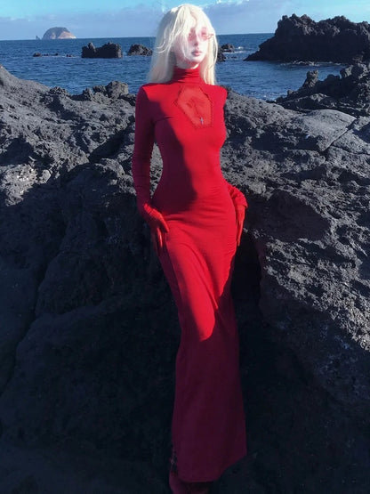 ゴシックレッドコフィンカットアウトクロスディテールハイネックマーメイドスカートマキシドレス