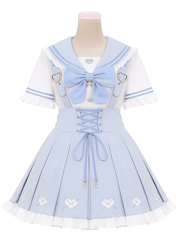 Jirai Kei Overalls Hellblau Herz Stickerei vorne Schnürung