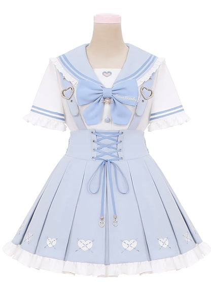 Cutout Bluse Blau Bowknot Weiß Matrosenkragen Herzförmiges Licht