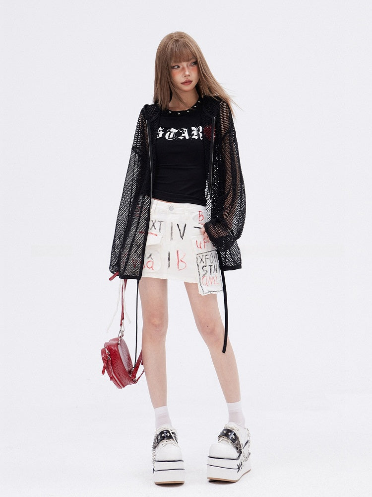 ブラック 中空ハートアップリケ ジップ開閉 長袖 ニットトップス