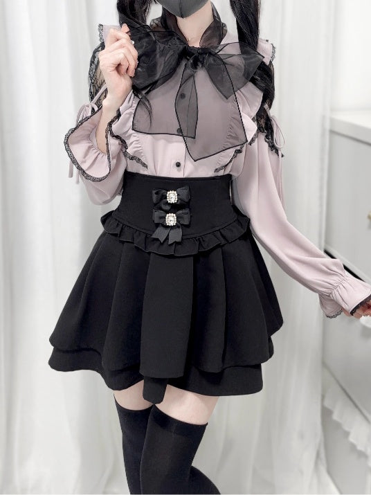 Jirai Kei Schwarz/Weiß/Dusty Cutout Schulter Bluse Schleife Ausschnitt Big Pink