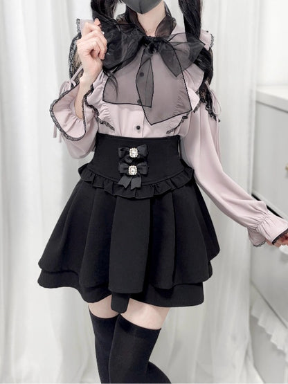 Jirai Kei Black/White/Dusty Cutout Shoulder Blouse Bow Neckline Big Pink