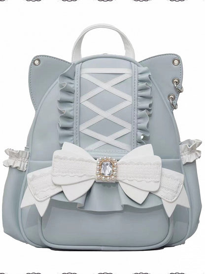 Jirai Kei Blue Cat Ear Backpack With Beaded and Rhinestone Bow Light